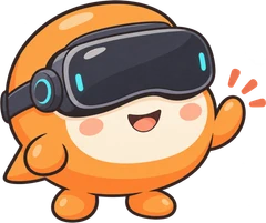 VRゴーグルを着けたオレンジ色のマスコット、ぶいちゃん。