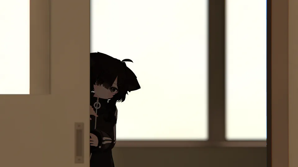 運営者がVRChatで別途撮影した参考写真。戸口から顔をのぞかせているアバター。