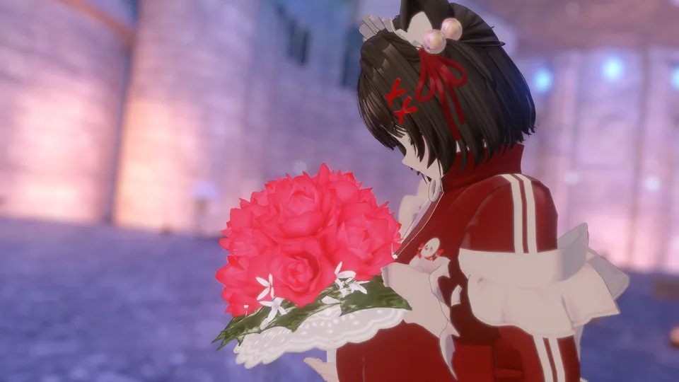 運営者がVRChatで別途撮影した参考写真。花束を持ったアバター。