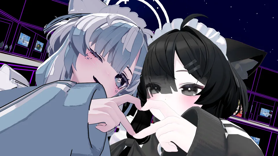 運営者がVRChatで別途撮影した参考写真。二人のアバターが指でハートの形を作っている。