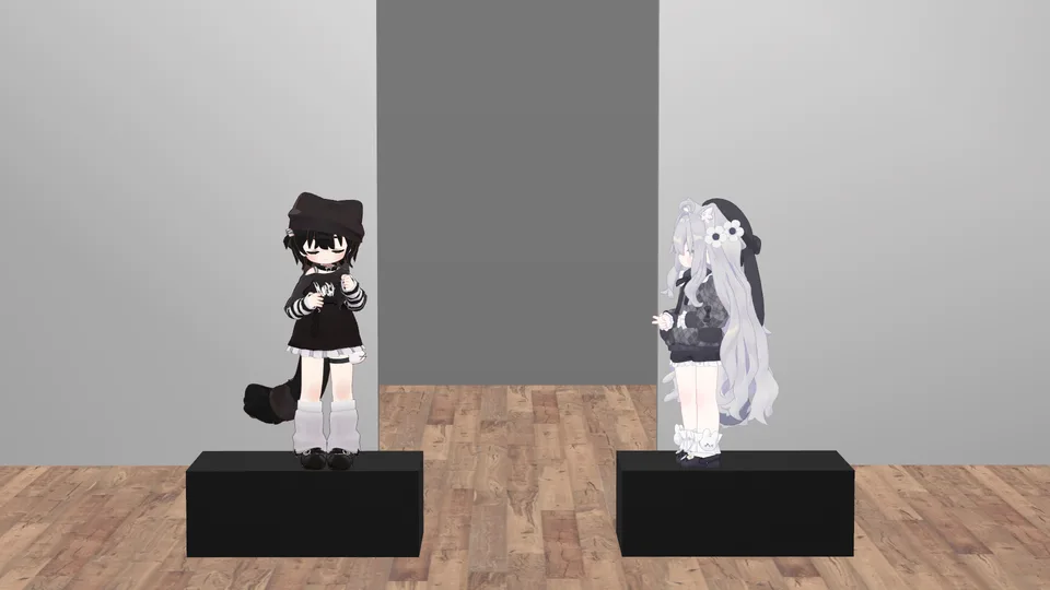 運営者がVRChatで別途撮影した参考写真。異なる衣装を着た二人のアバター。
