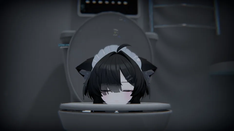 運営者がVRChatで別途撮影した参考写真。便器の形の小道具の中から顔を出しているアバター。
