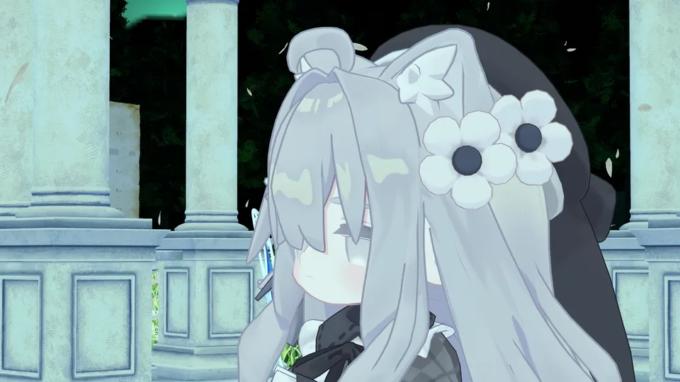 運営者がVRChatで別途撮影した参考写真。花飾りと衣装を身につけたアバターの横顔。
