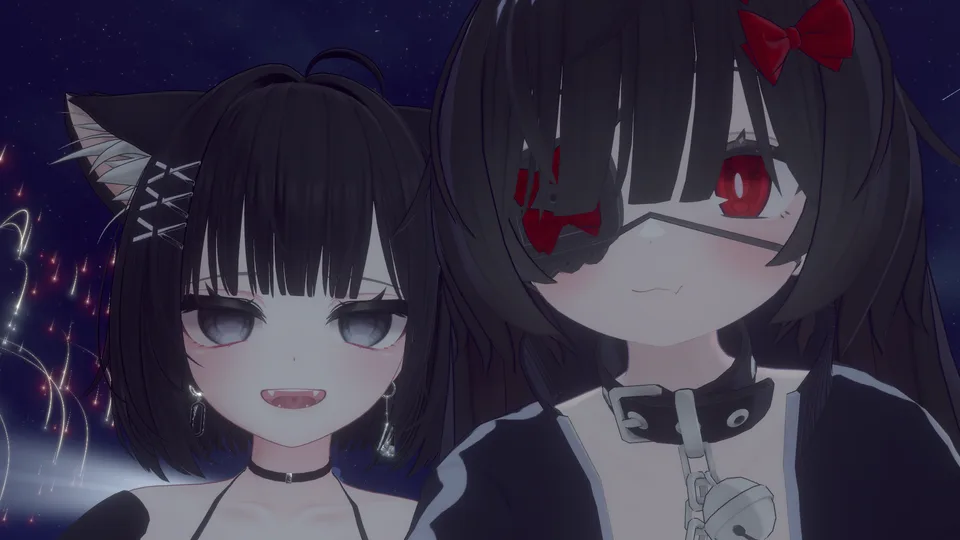 運営者がVRChatで別途撮影した参考写真。角やリボンの飾りをつけた二人のアバター。