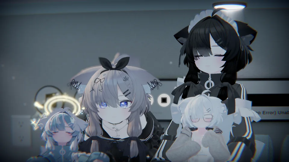 運営者がVRChatで別途撮影した参考写真。複数のアバターが前後に並んで集まっている。