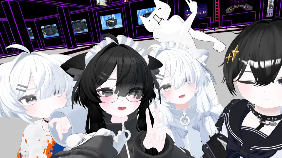 運営者がVRChatで別途撮影した参考写真。ネオン色のワールドで顔を寄せる複数のアバター。
