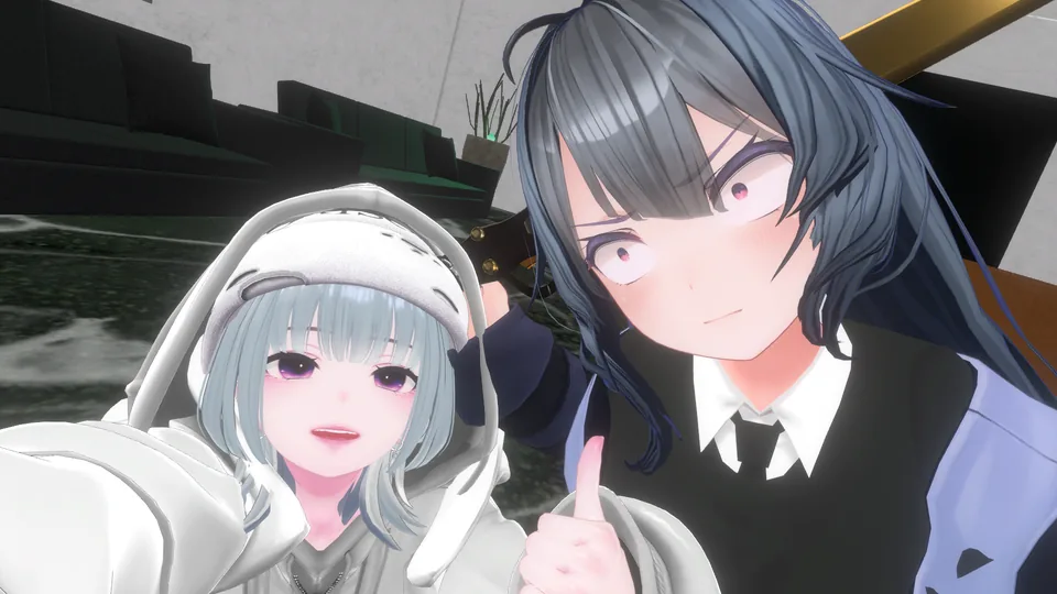 運営者がVRChatで別途撮影した参考写真。屋外で顔を寄せ、親指を立てる二人のアバター。身ぶりをめぐるミームの話題に添えた参考写真で、VRChat公式動画やsix sevenの実演ではない。