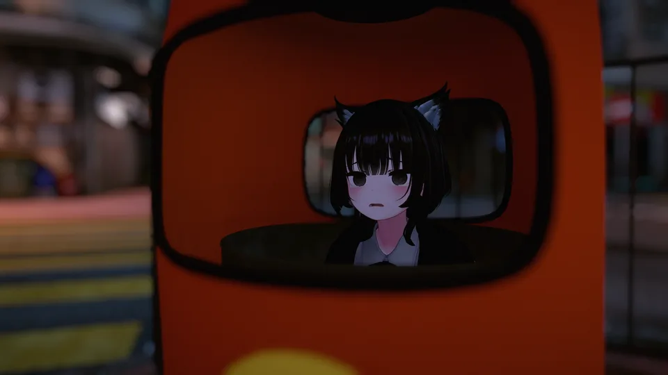 運営者がVRChatで別途撮影した参考写真。乗り物の窓からアバターが顔をのぞかせている。