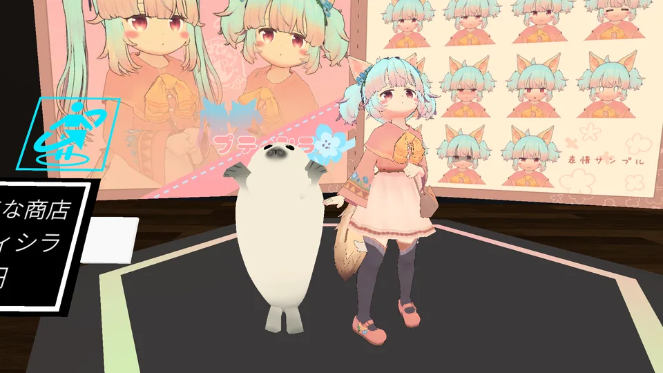 運営者がVRChatで別途撮影した参考写真。アバターの展示が並ぶ店内ワールド。記事で紹介された男性モデルやBOOTHの画面ではない。