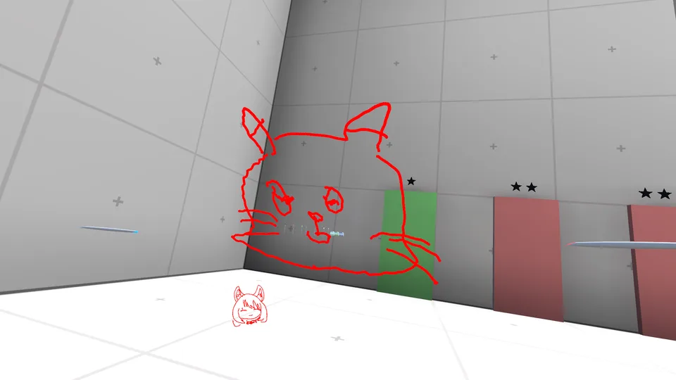 運営者がVRChatで別途撮影した参考写真。ワールドの壁際に描かれた赤い猫の線画。公式イラストそのものではない。